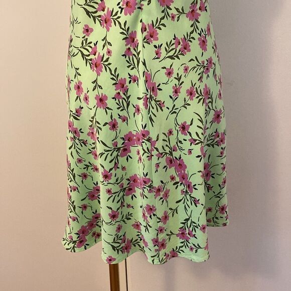 Zara Green and Pink Floral Satin Effect Mini Slip Dress Size L - Picture 10 of 15